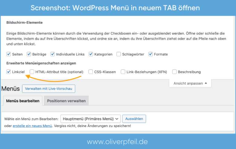 WordPress Menü neuen Tab öffnen
